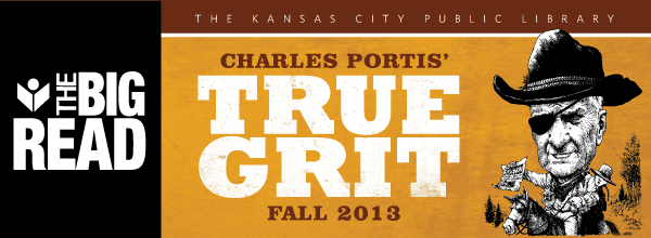 dark orange background with cowboy wearing eyepatch on horse