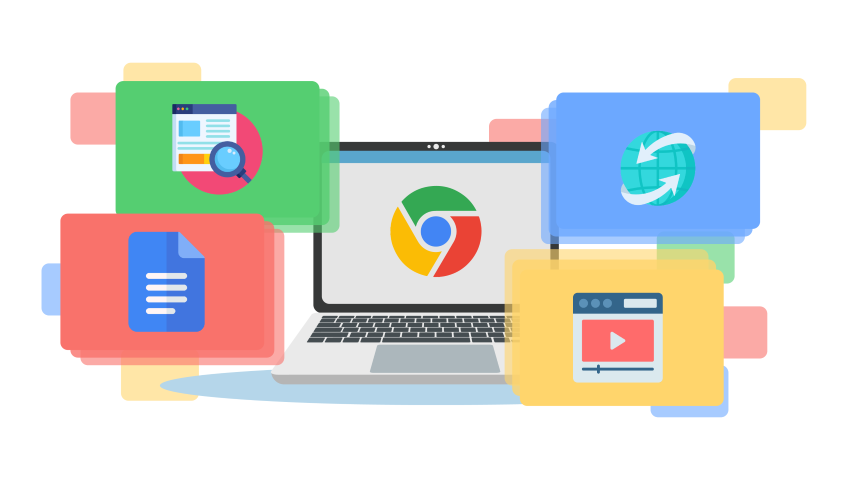 cartoon Chromebook with many windows