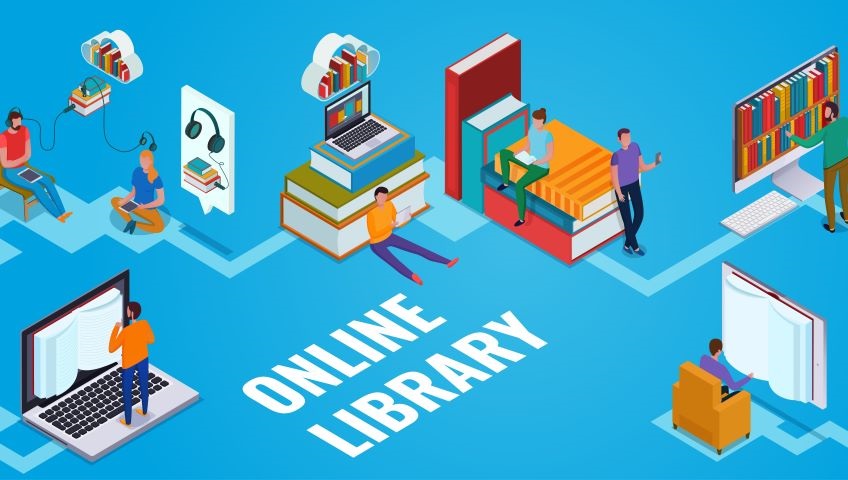 cartoon of people sitting with books and laptops