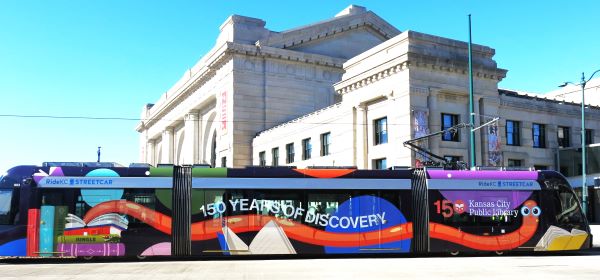 The Library-themed streetcar sits at Kansas City's Union Station