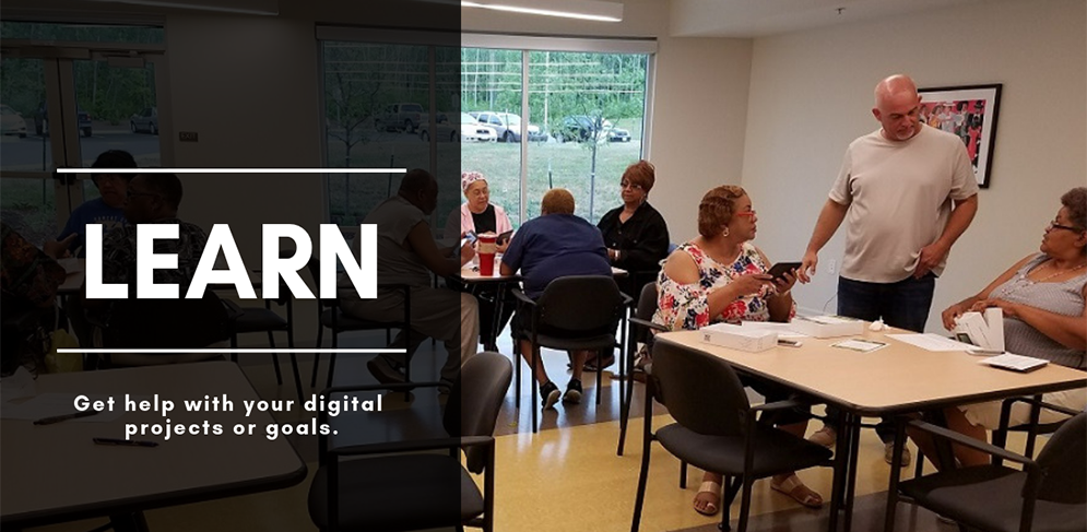 groups of people gathered around tables with 'LEARN