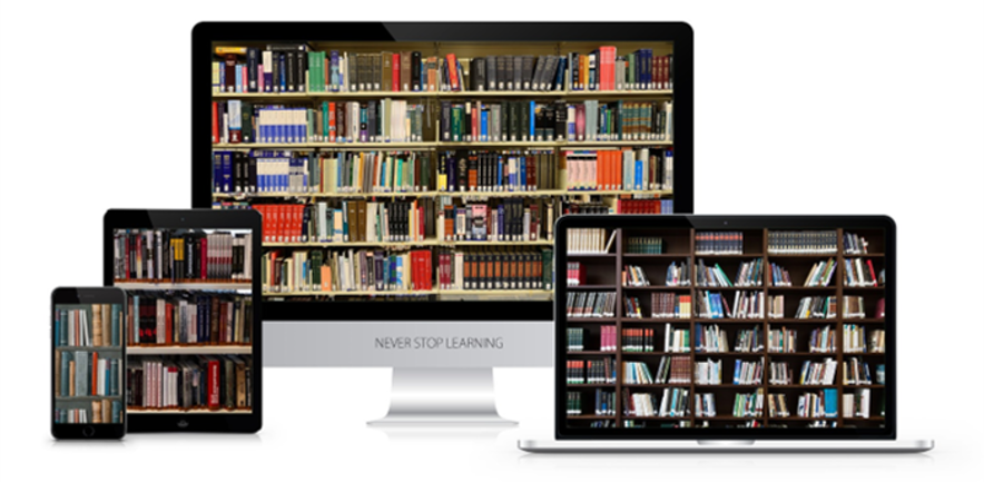 phone, tablet, computer moniter, and laptop all displaying pictures of books