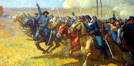 painting of soldiers going into battle on horseback