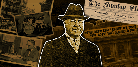 Pendergast with newspapers and pictures in background with sepia filter