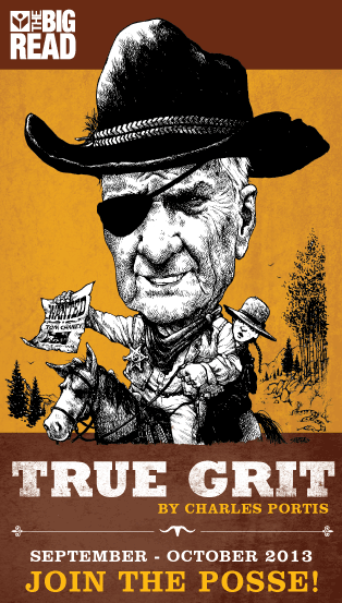 dark orange background with cowboy wearing eyepatch on horse