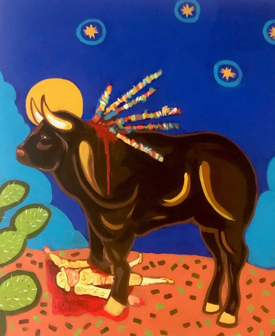 A bull standing over a bloody bullfighter