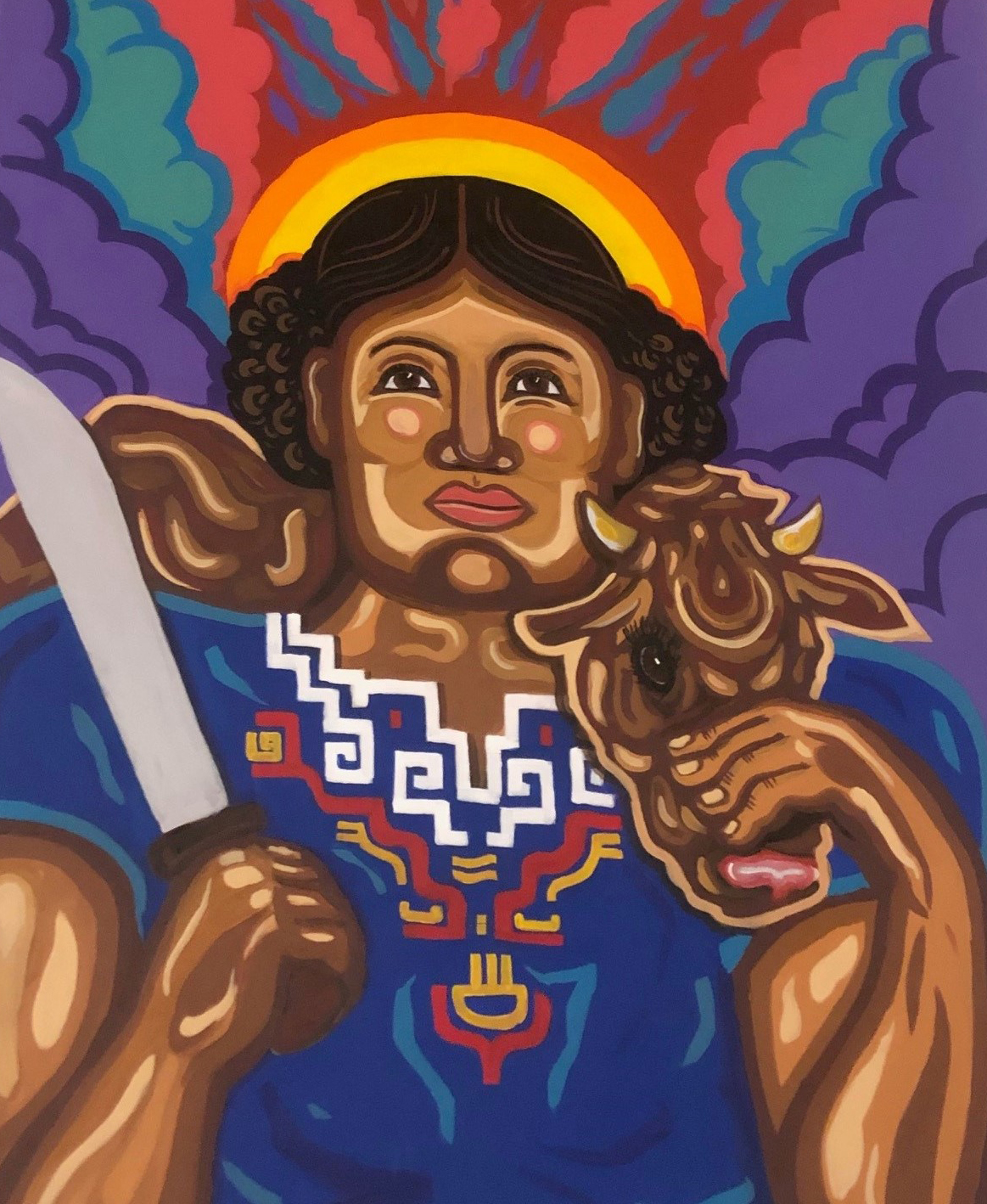 A woman with a halo and wearing traditional dress holds a machete.