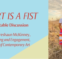 The Heart Is a Fist: Artist Roundtable Discussion Promo, with photograph by Dominique Brown of two Native American women