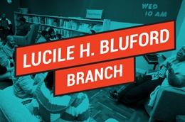 groups of adults listening to speaker while seated with 'Lucile H. Bluford Branch'