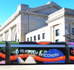 The Library-themed streetcar sits at Kansas City's Union Station.