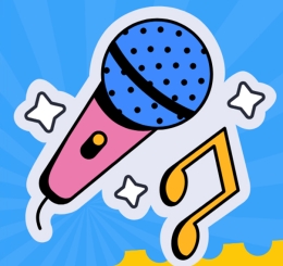 illustration of ticket, microphones, and music notes