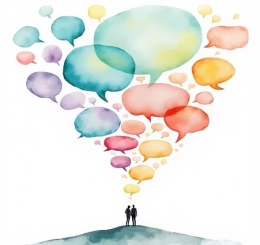 watercolor painting of people on hill with speech bubbles