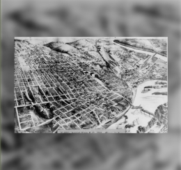 black and white aerial photograph of farmland