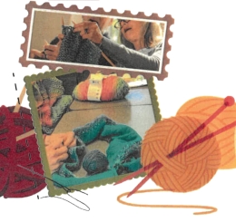 illustrations of knitting supplies with 2 pictures of knitters