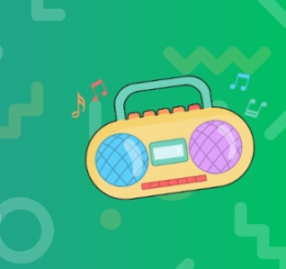 open book, wooden blocks, and small boom box