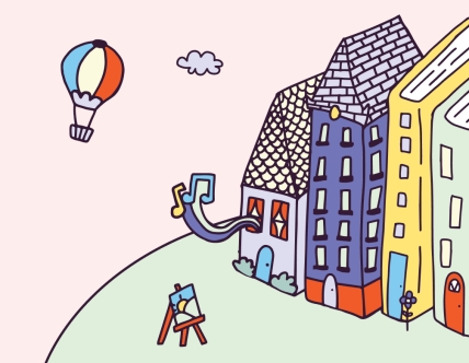 illustration of houses in a row with hot air balloon