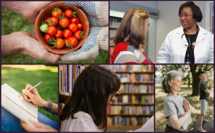 Images of people meditating, healthcare professional, and gardeners with tomatoes