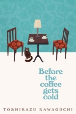 The cover is broken up into thirds with the top third featuring a light teal floral print in the style of wallpaper with a small square brown table placed in front. On top of the table is a lamp with a tan shade and then two white cups of coffee on white saucers. Next to the table are two simple brown chairs with red cushions and a fluffy brown cat is sitting under the table. The lower two thirds of the cover is cream with the title stacked on the right hand side.