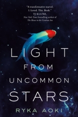 The cover for Light from Uncommon Stars shows a dark blue middle of space with a fish swimming amongst the stars