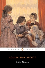 Cover of Little Women has a painting of three girls crowded around another girl who has a book open