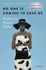 With a blue background, a painting of a dark skinned woman in a white and black dress, black purse, and black floppy sun hat