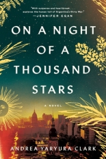 The cover of On a Night of a Thousand Stars shows a metropolitan city with wheat flower stocks on the edges 