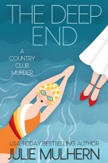 Digital art of a Caucasian woman swimming, both arms up over her head. She's got a one piece swimsuit on that's orange with dark red, red, yellow, and white strips. She also has on a yellow and white flower swim cap and goggles. 