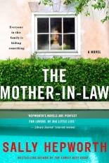 The cover of The Mother-in-Law shows a window with a woman looking out with a green, cut hedge under the window and a pool