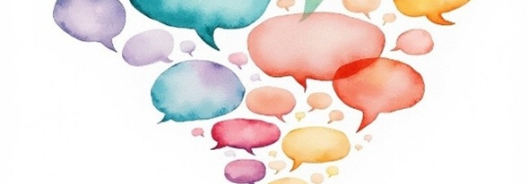 watercolor painting of people on hill with speech bubbles