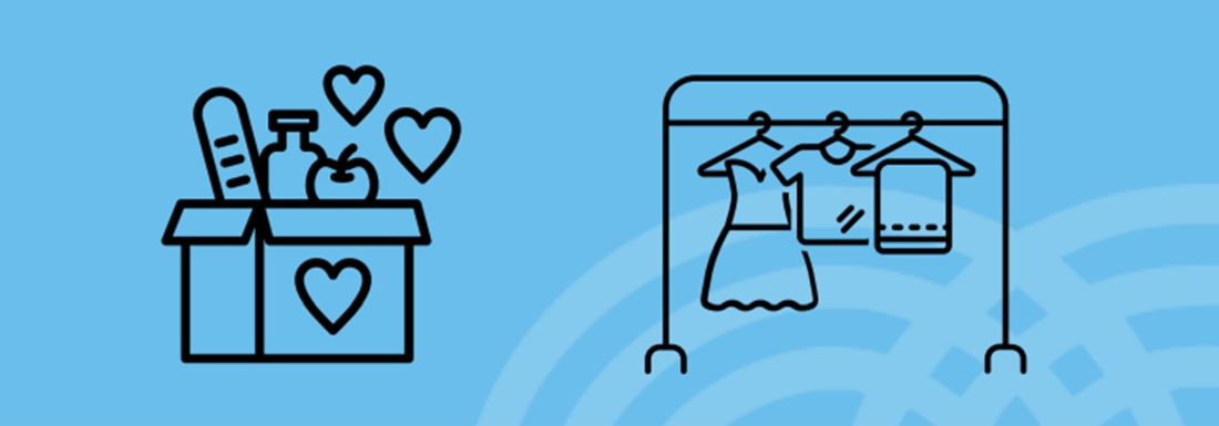 flat graphic illustration of box with products and clothing rack