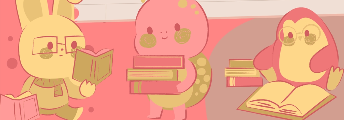 illustration of rabbit, turtle, and penguin reading