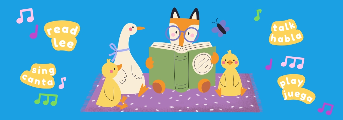 illustration of fox, goose, and ducks on rug reading book