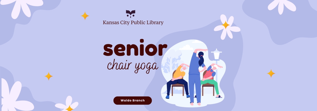 illustration of people doing chair yoga and flowers