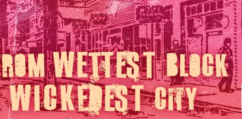 red and pink stamped city scene