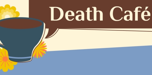 Death café graphic with coffee cup and flowers