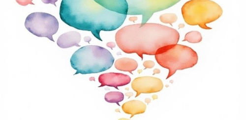 watercolor painting of people on hill with speech bubbles