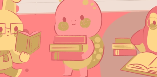 illustration of rabbit, turtle, and penguin reading