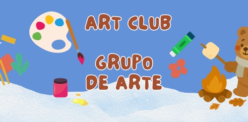 illustration of art supplies and bear roasting marshmallow