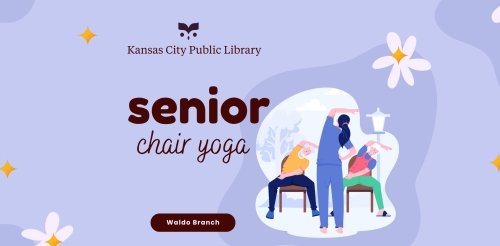 illustration of people doing chair yoga and flowers