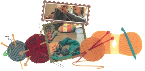 illustrations of knitting supplies with 2 pictures of knitters